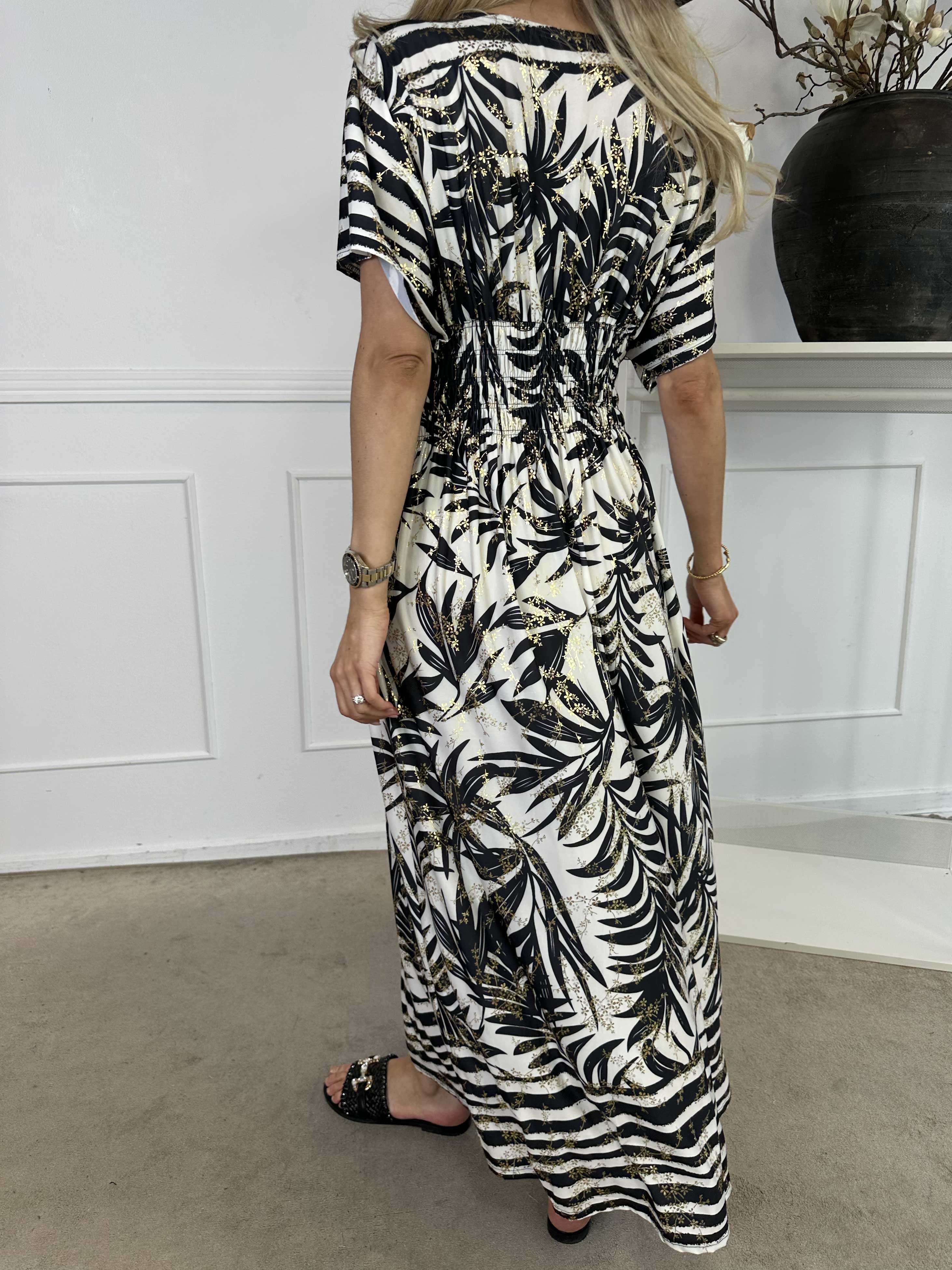 Pams Palm - Lång elastisk klänning med palmblad och smockad midja